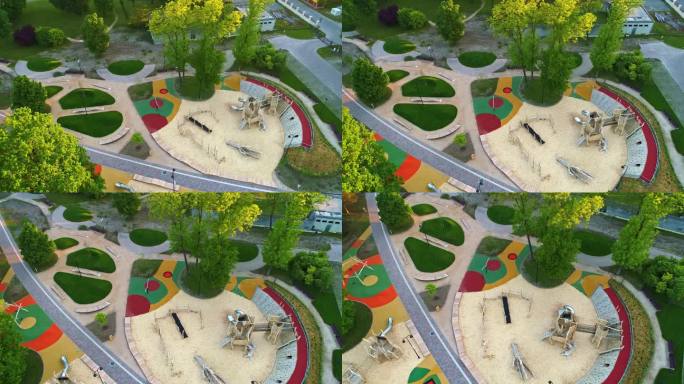 空中俯瞰现代儿童游戏公园区域，创新的木制攀登架