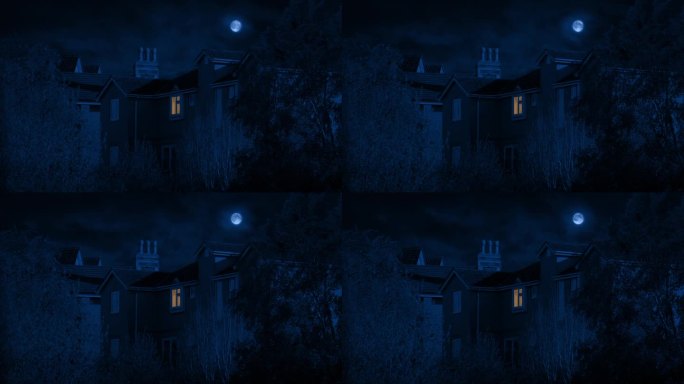 月光下的房子，卧室里的灯开着或关着