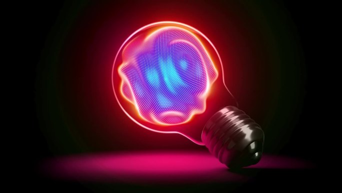 霓虹灯三维球体的红光与移动的波浪像素化表面在灯泡内。人工智能的抽象概念，机器学习的思维或想法。