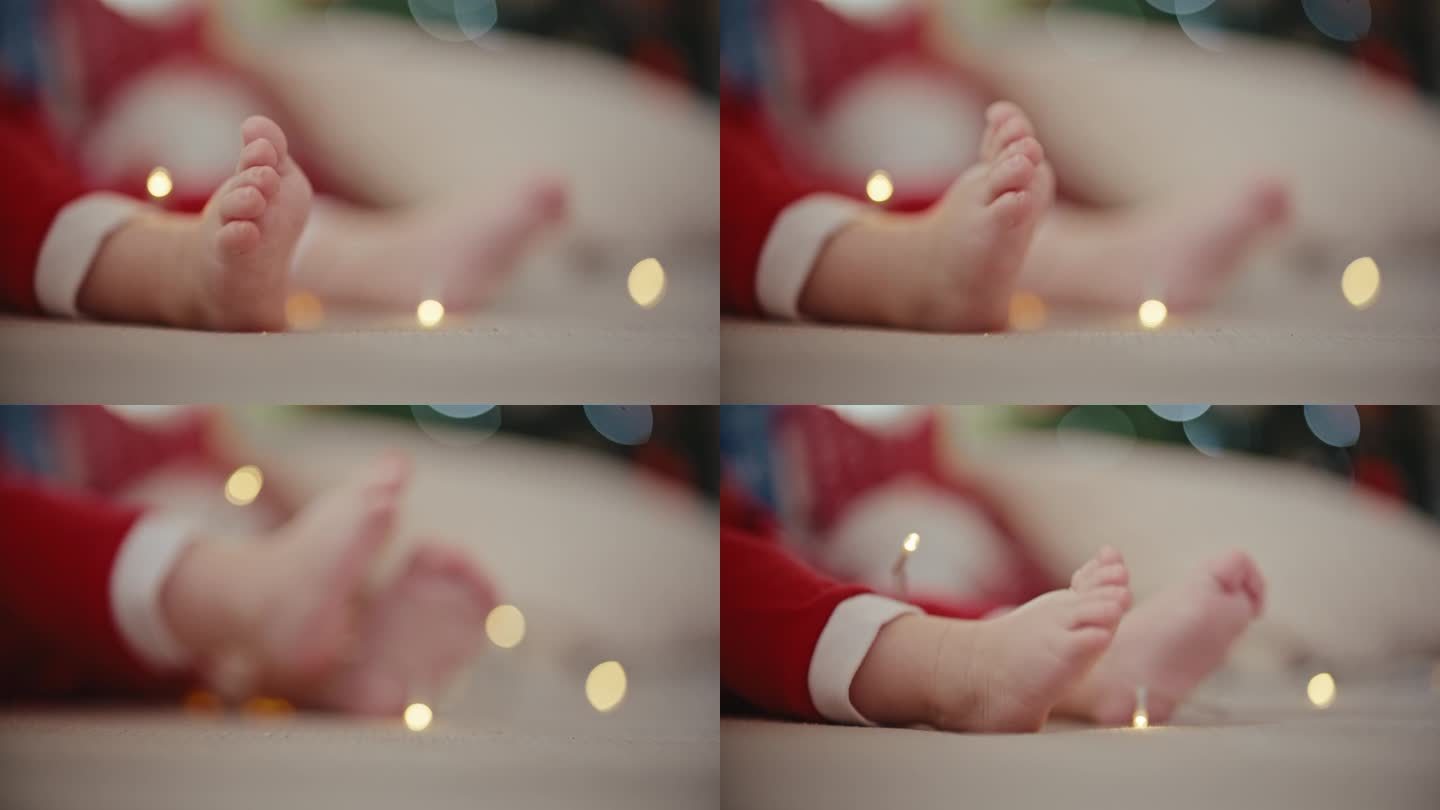 圣诞期间，赤脚躺在家里沙发上的小男孩的低剖面手持镜头