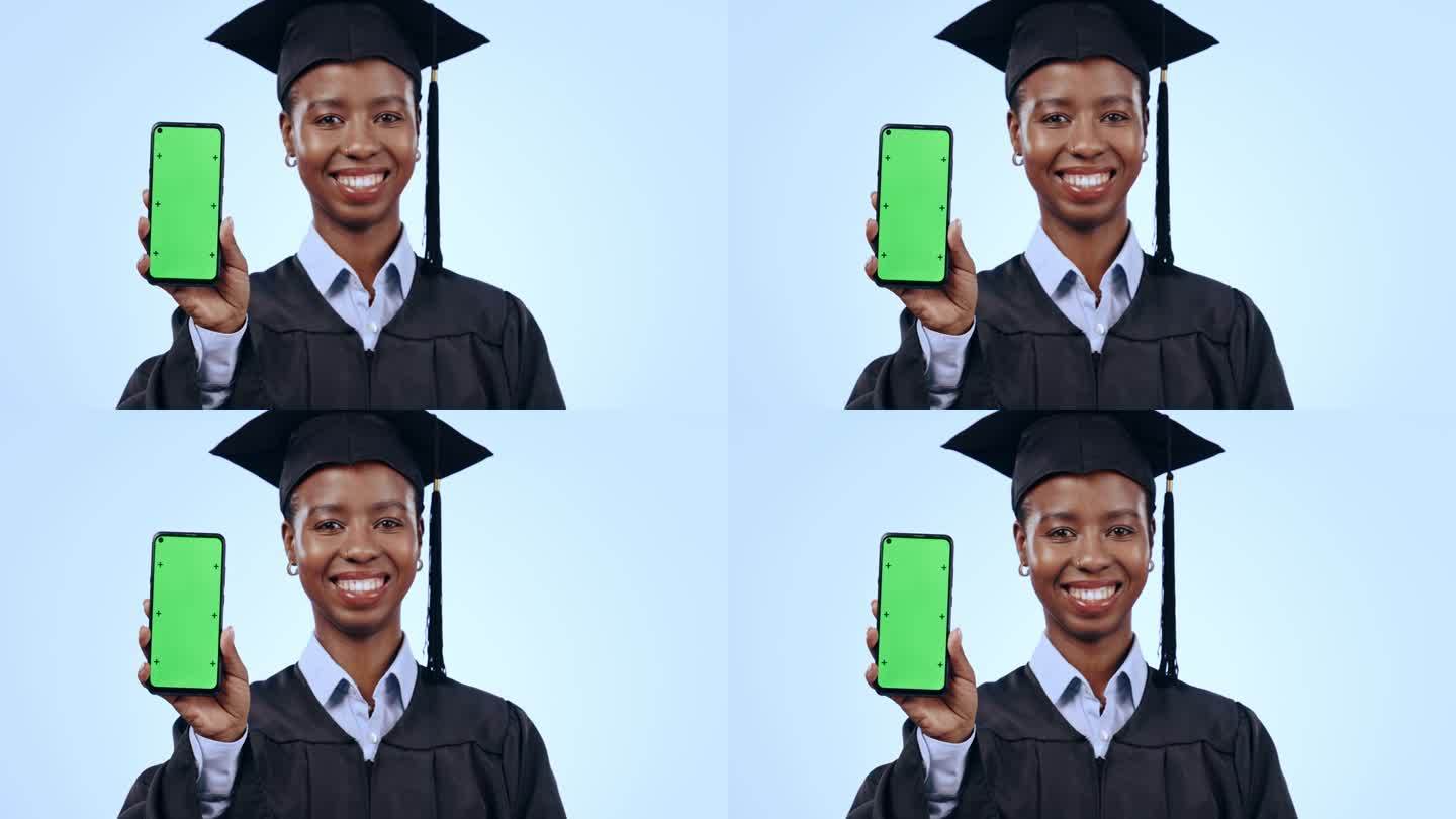 毕业了，女人和手机绿屏为大学营销，联系方式或注册蓝色背景。非洲学生或毕业生的面孔与移动模型，电子学习