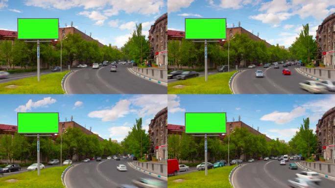 绿幕广告牌的背景是移动的汽车，绿色的树木，建筑和白云在春天。4K延时视频。