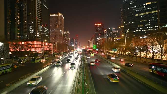 北京CBD国贸桥节日夜景车流