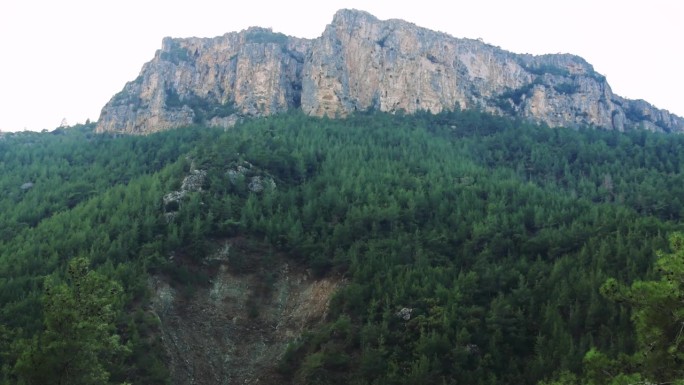 山峦叠嶂，松林为背景，蓝天静定。山坡上有松林，山峰触蓝天。蓝天定格山峰，下面松林郁郁葱葱