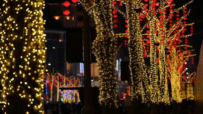 北京春节夜晚街道喜庆霓虹灯红灯笼夜景
