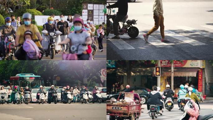 夕阳行人马路 马路车流人流 摩托车过马路