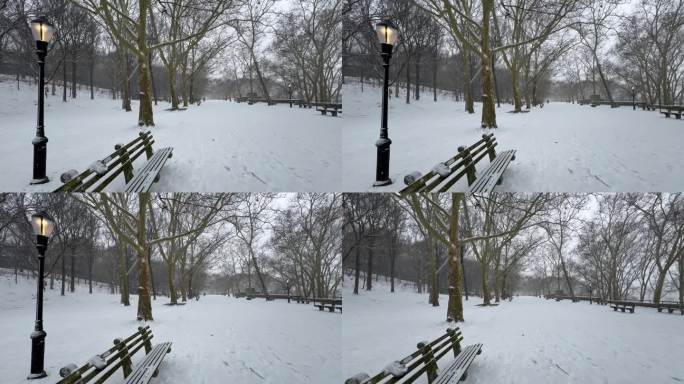 在纽约的一场冬季风暴中，雪落在河滨公园的一条长凳上