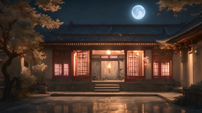 中式庭院圆月空镜