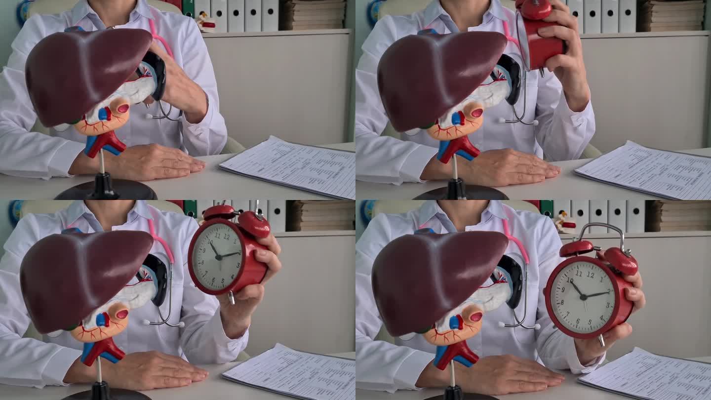 医生手里的肝脏模型和闹钟