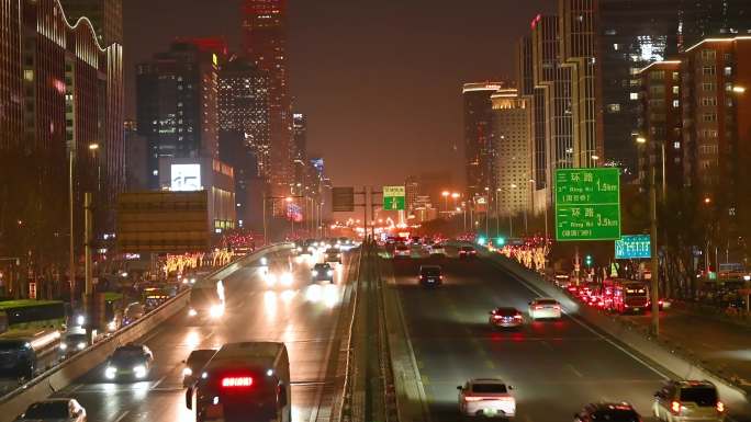北京CBD国贸桥节日夜景车流