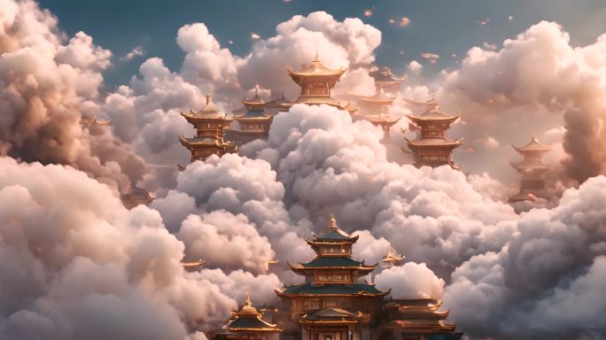 云层中的中式建筑背景