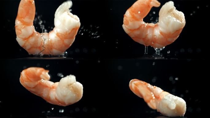 虾落在黑色背景上。用高速摄像机拍摄，每秒1000帧。