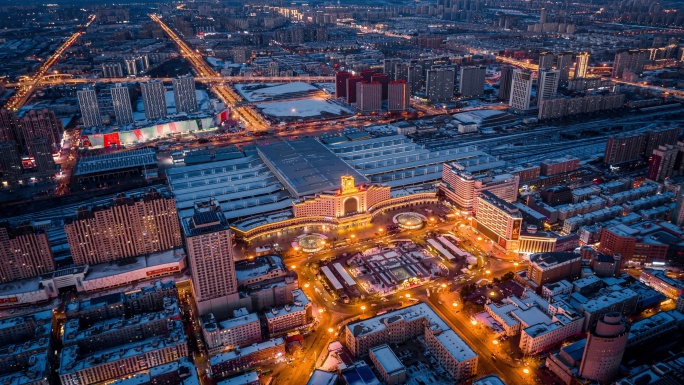 吉林长春站火车高铁站航拍城市地标风景