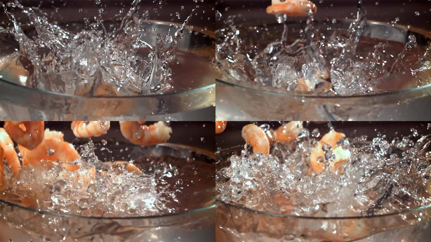 虾扑通一声掉进沸水里。用高速摄像机拍摄，每秒1000帧。