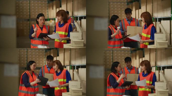 女库存经理向一名拿着纸板箱的工人展示平板电脑上的信息