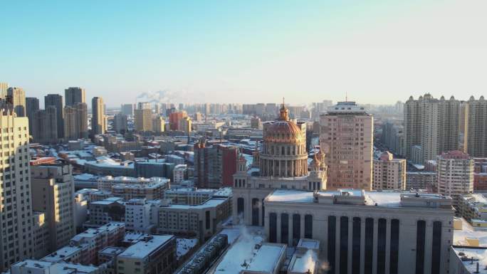4K哈尔滨城市航拍索菲亚教堂 冰雪大世界