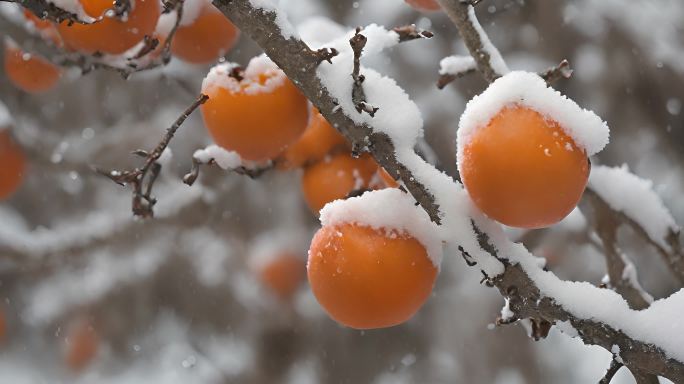 枝头上的柿子下雪天积雪