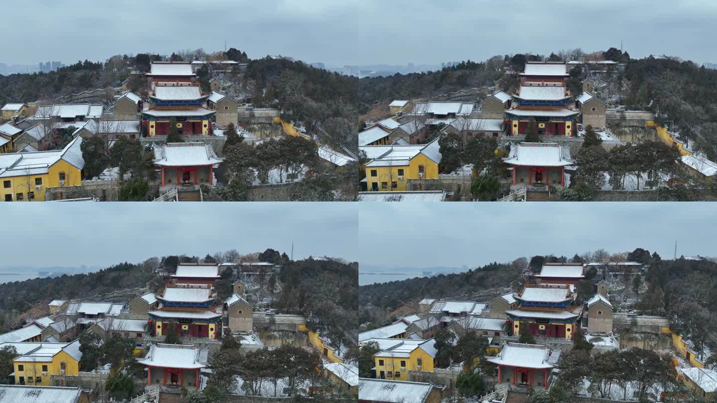 航拍冬天雪景徐州市云龙湖风景区兴化禅寺