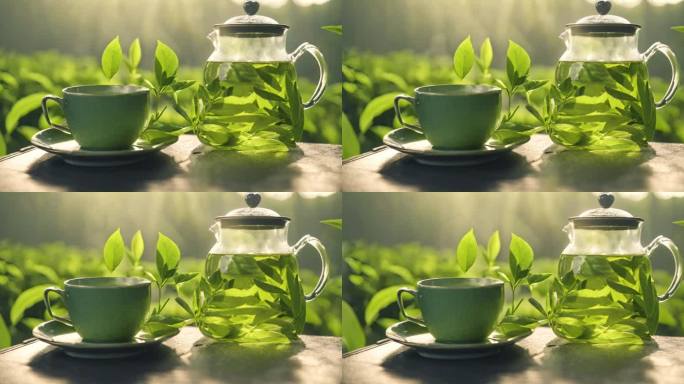 透明水壶里的绿茶茶叶