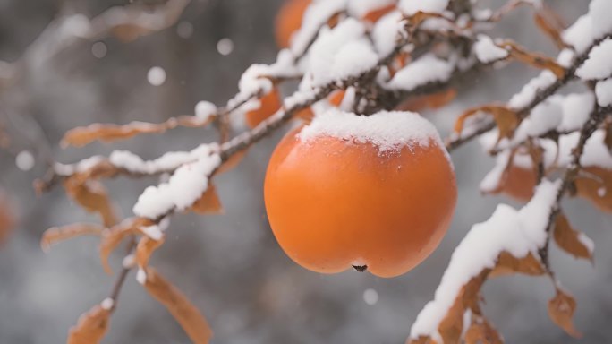 枝头上的柿子下雪天积雪