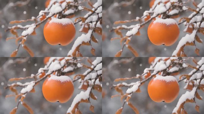 枝头上的柿子下雪天积雪