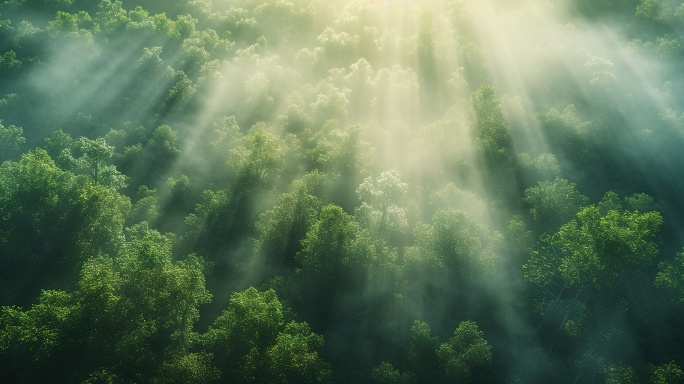 森林晨雾天然氧吧森林光影树林唯美阳光树林