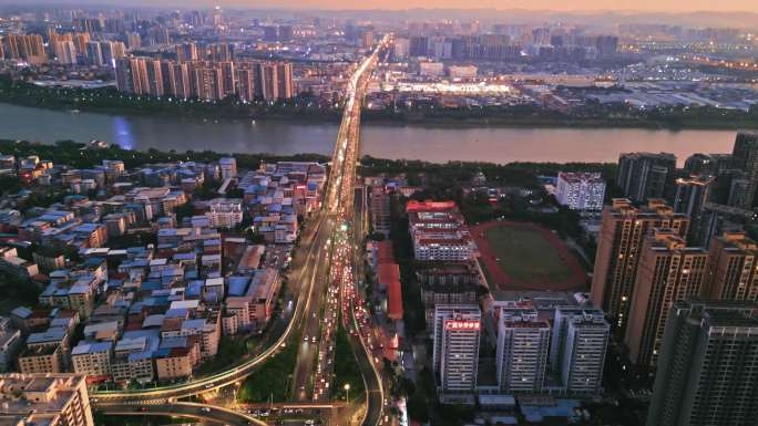 广西南宁相思湖大桥大学东路夜景航拍