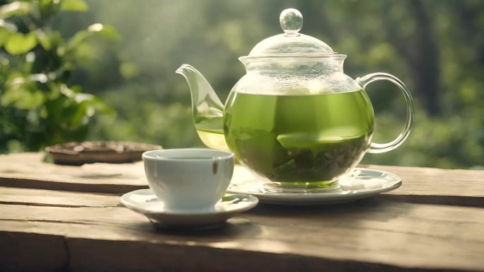 透明水壶里的绿茶茶叶