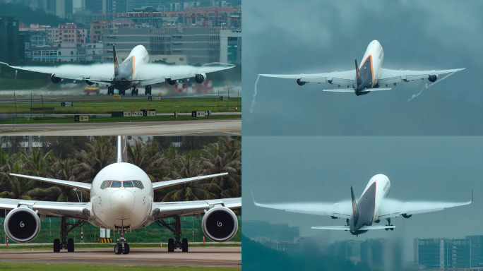 UPS波音747和767雨后起飞壮观场面