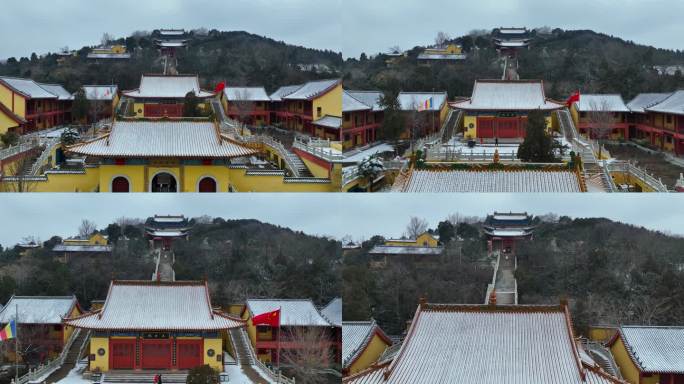 航拍冬天雪景徐州市云龙湖风景区兴化禅寺