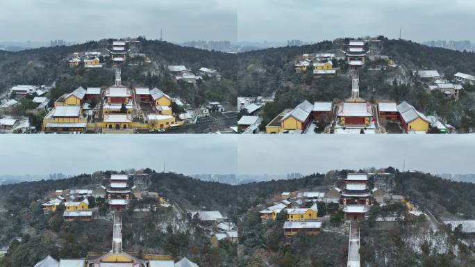 航拍冬天雪景徐州市云龙湖风景区兴化禅寺