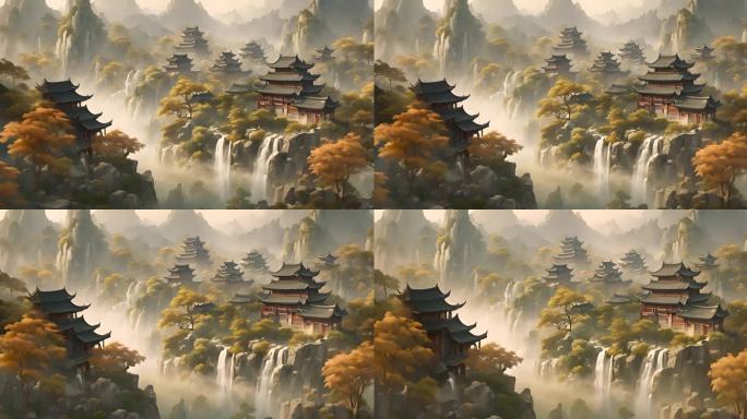 中式水彩画庭院秋季背景