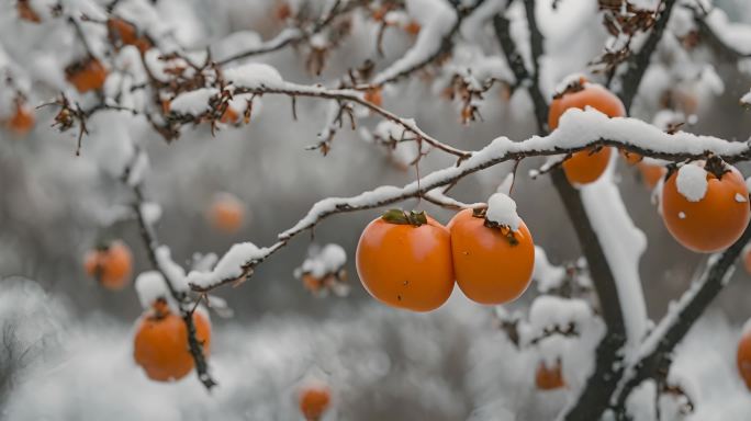 枝头上的柿子下雪天积雪