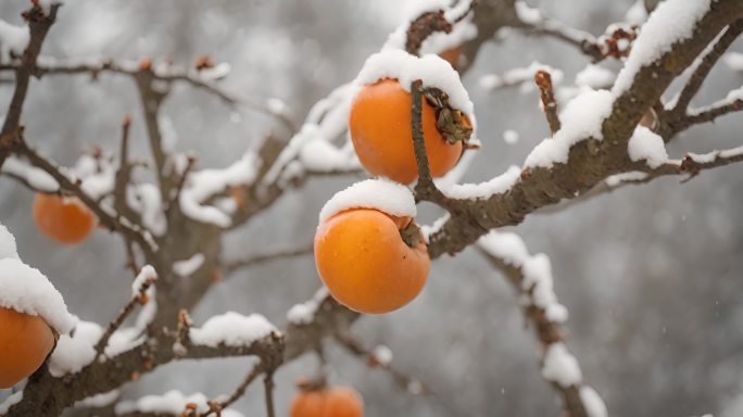 枝头上的柿子下雪天积雪