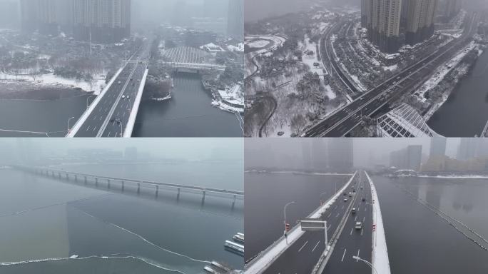 【4K】武汉沙湖大桥大雪航拍