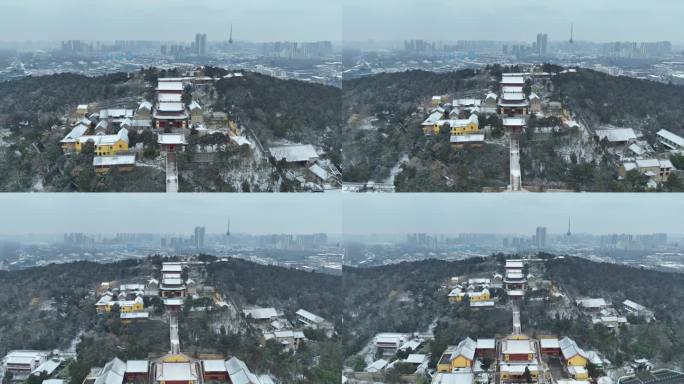 航拍冬天雪景徐州市云龙湖风景区兴化禅寺