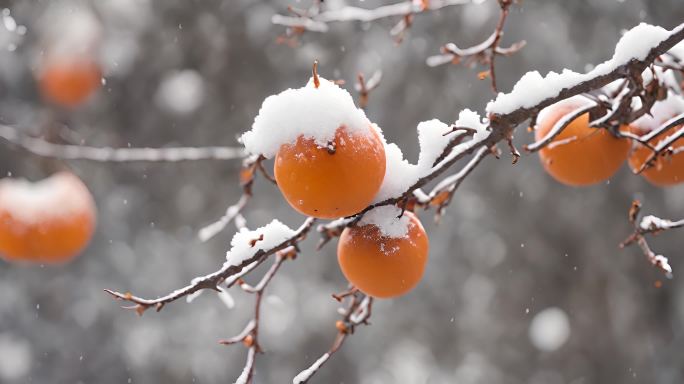 枝头上的柿子下雪天积雪