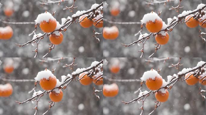 枝头上的柿子下雪天积雪