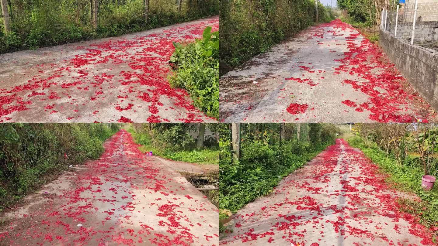 铺满红纸碎片的乡村小道上遍地鞭炮红纸碎片