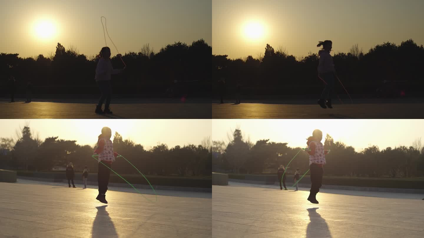 夕阳傍晚女孩跳绳运动