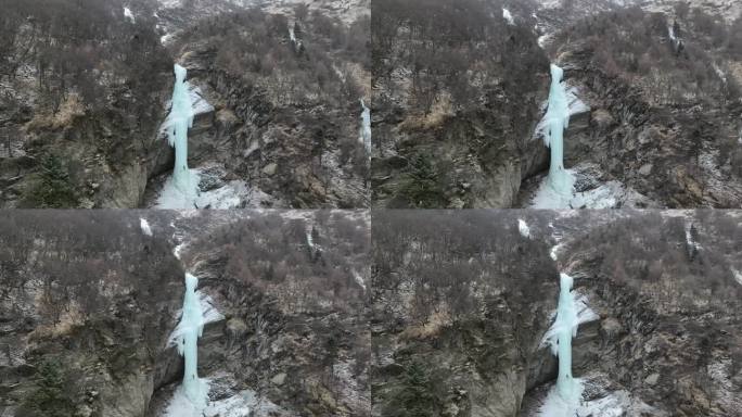四川阿坝航拍双桥沟冰瀑的攀冰运动爱好者