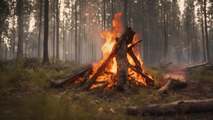 森林中燃烧的木头火焰