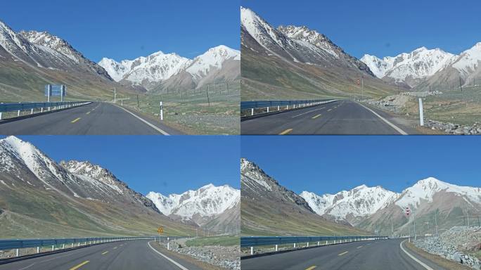 汽车在新疆雪山公路上行驶车内视角