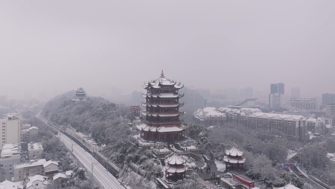 2024武汉黄鹤楼古建筑下雪景雪花