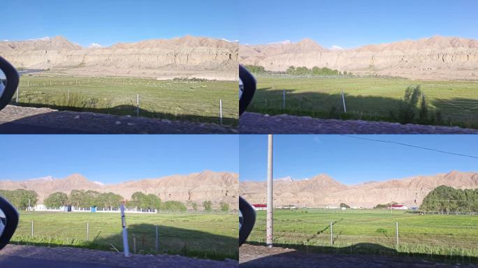 汽车行驶车窗外的新疆边境城镇风光