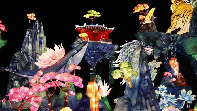 浙江绍兴新昌大佛寺春节灯会漫天神佛