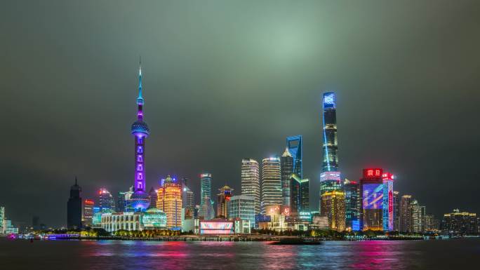 中国上海浦东陆家嘴建筑群夜景延时摄影