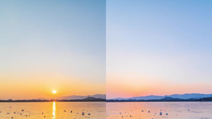 冬季颐和园结冰日落夕阳日转夜倒影延时