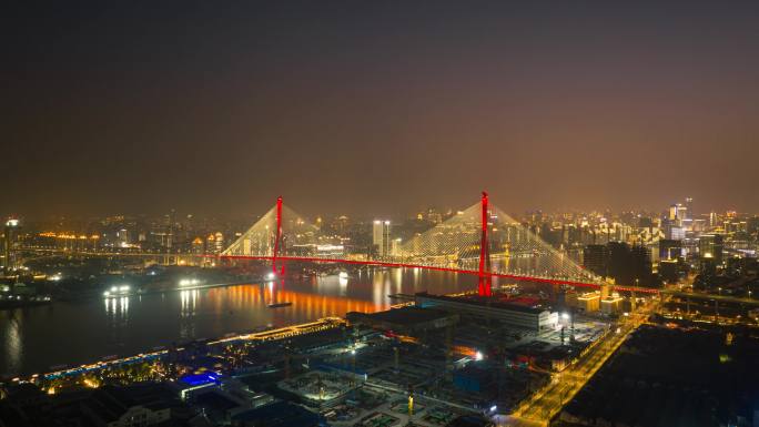 航拍杨浦大桥夜景4K延时