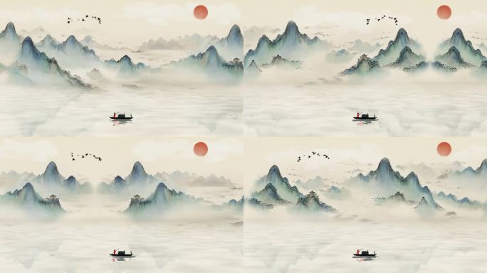 中国古风水墨山水小舟高山意境背景视频4K